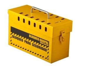 caja de bloqueo amarilla, se utiliza para trabajar en grupos o cuadrillas para las empresas que hacen diferentes servicios en otras empresas como las mineras